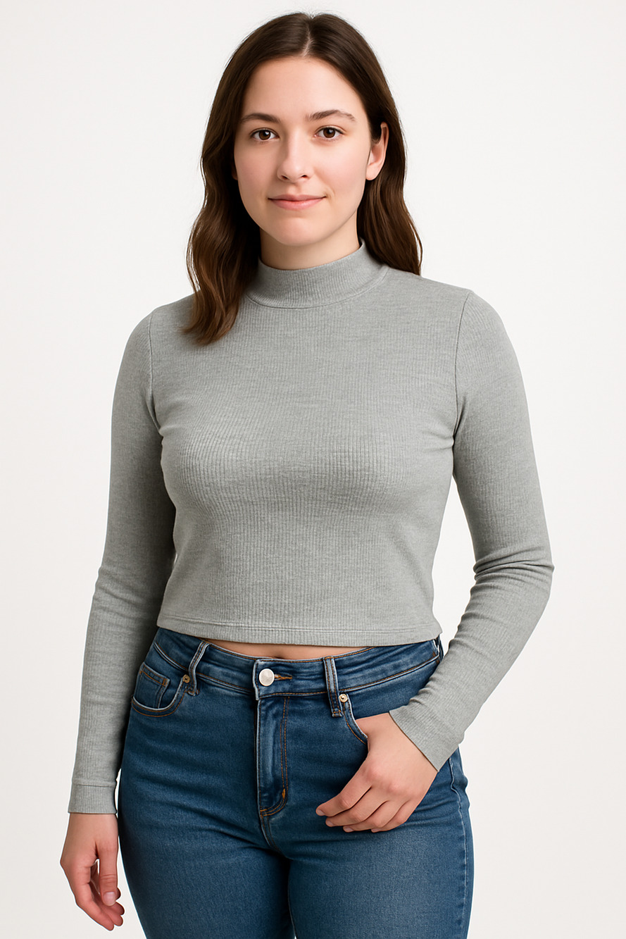 BP Women’s XS Ribbed Mock Neck Long Sleeve Crop Sweater Gray Rayon Blend NWT